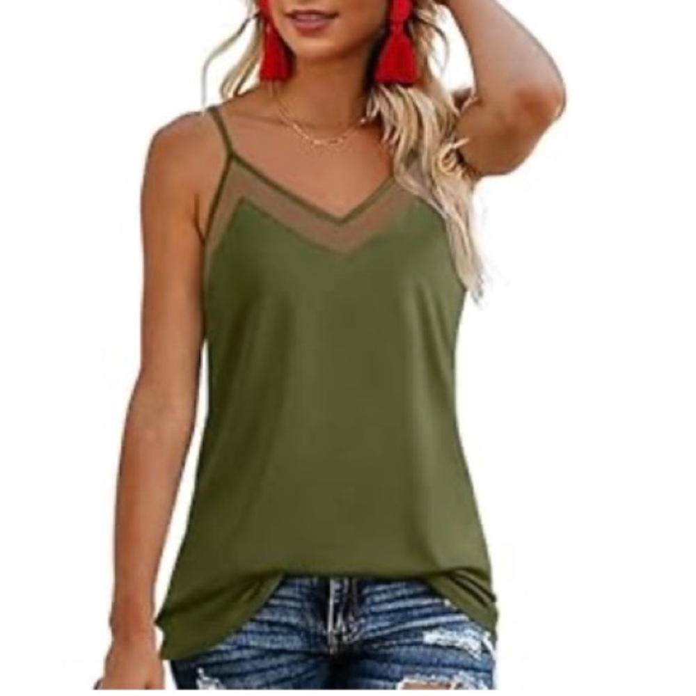 Army green spaghetti strap tank top with sheer detail adjustable straps MEDIUM